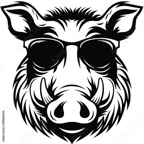 Boar head is shown wearing sunglasses in a black and white presentation