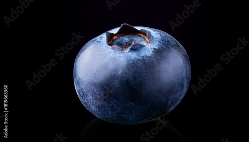 a single ripe blueberry plump and dark blue showcasing a slight indentation at its blossom end against a black background