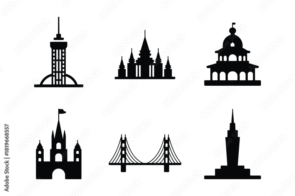 Naklejka premium Collection of iconic architectural silhouettes featuring castles towers and bridges