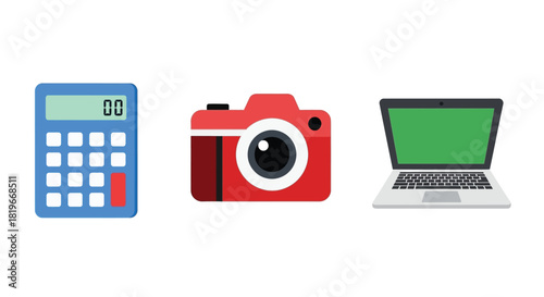 A collection of digital icons calculator camera and laptop displayed together