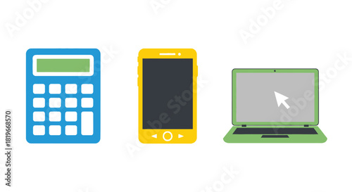 A calculator smartphone and laptop shown in a simple flat vector style
