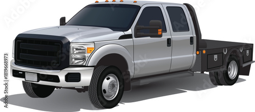 silver, black, flatbed truck