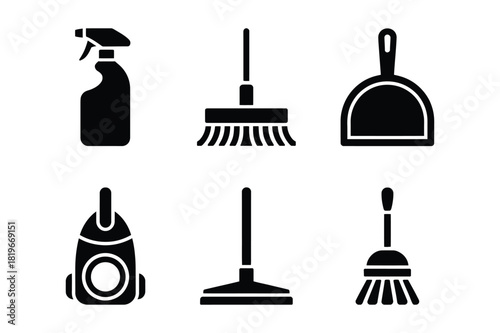 Collection of household cleaning tools and supplies illustrated in silhouette style