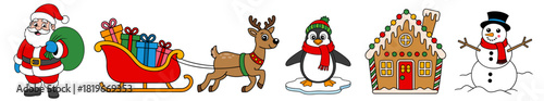 Santa Claus, sleigh with gifts, reindeer, penguin, gingerbread house, and snowman illustrations for holiday designs and Christmas cards