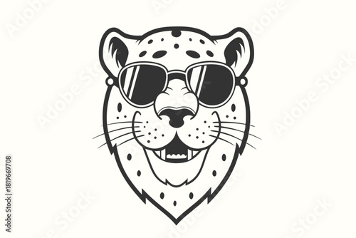 Cool spotted feline wears sunglasses displaying a monochrome appearance with a visible set of teeth