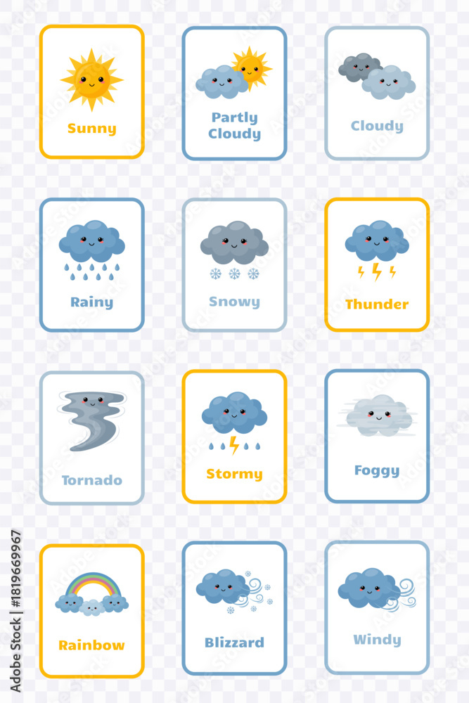 Naklejka premium Cute cartoon weather flashcard collection with inscriptions isolated on transparent background.Moon, stars, sun, clouds, rain, snow, wind, rainbow, lightning, temperature.Vector illustration.