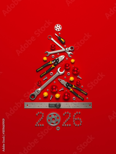 A symbolic Christmas tree made of construction tools. 2026 New Year greeting illustration. 3D render.