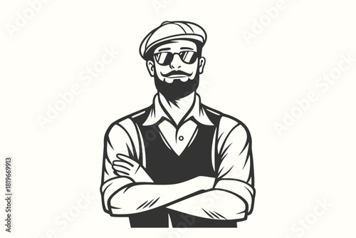 Cool bearded man with sunglasses and cap is standing with crossed arms