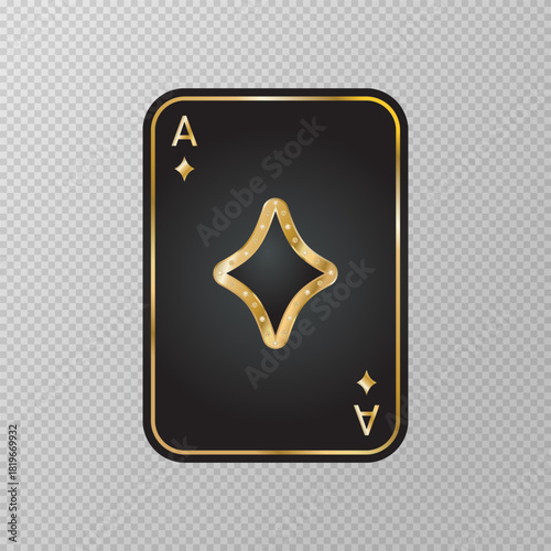 Golden playing card isolated on transparent background. Ace of  clubs. Black gaming card with golden elements and diamonds. Gambling games symbol. Poker image. Gaming cards. Vector illustration. 