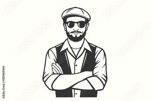 Confident bearded man with arms crossed and wearing a newsboy cap stands strong