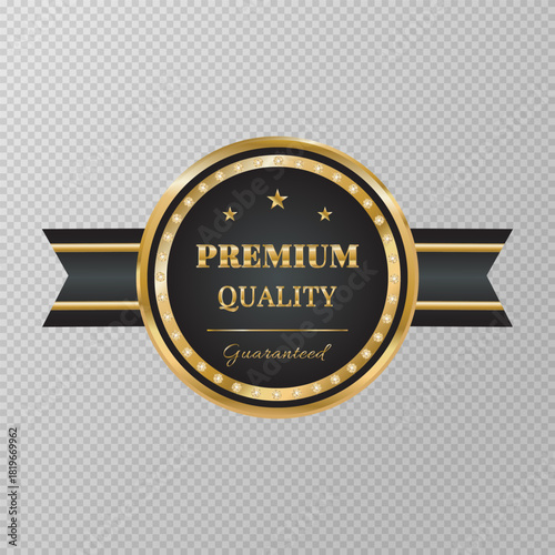 Premium quality golden sign with diamonds  isolated on transparent background. Trophy for challenge. Award medal. Golden label. Design element for advertising.Premium quality.Vector illustration