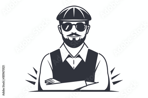 Bearded man with sunglasses and flat cap confidently crosses his arms in monochrome