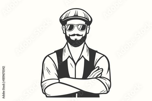 Confident man with cap and sunglasses stands arms crossed, showcasing vintage style
