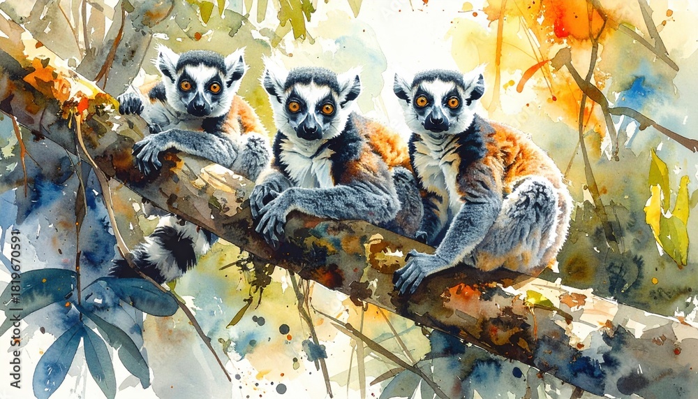 Obraz premium three lemur on branch in rainforest scene, concept for wildlife conservation and biodiversity awareness in madagascar ecosystem