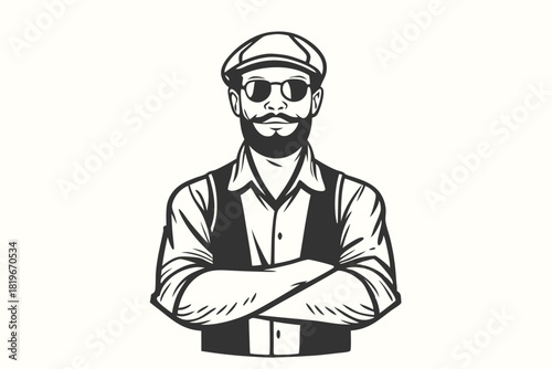 Confident bearded gentleman wearing vintage cap and sunglasses stands with arms crossed in monochrome