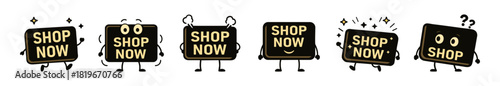 Cartoon Shop Now Buttons with Legs and Arms Displaying Various Emotions