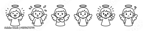 Angels Depicting Various Emotions with Halos and Wings in a Row