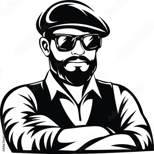 Confident bearded man in cap and sunglasses stands with crossed arms in black and white