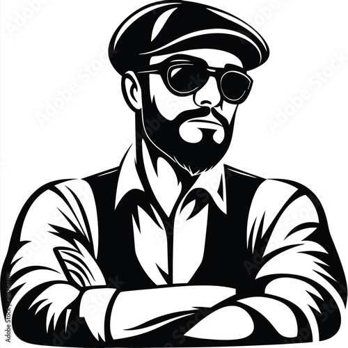 Confident man with a beard and sunglasses stands with his arms crossed in black and white