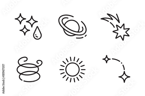 Cosmic and celestial icons hand drawn in a simple sketchy style