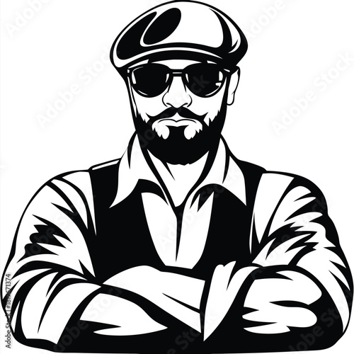 Confident man with crossed arms, wearing a cap and sunglasses, in black and white