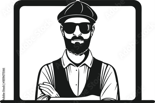 Flatcapped man with beard and sunglasses is displayed inside a laptop