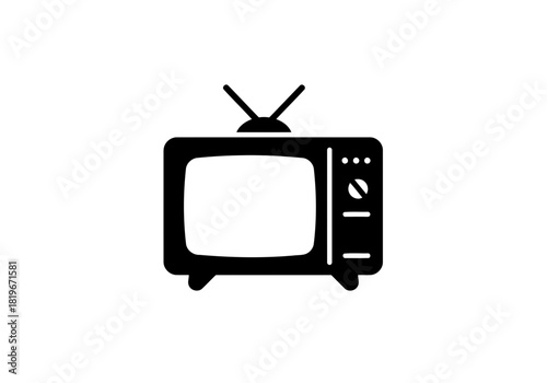 A minimal black outline Illustration of a retro television set with antenna and control panel on a white background vector image