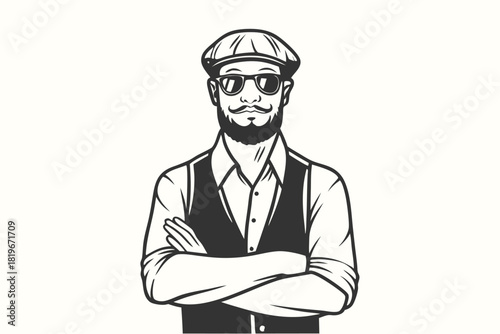 Confident man with beard, newsboy cap, and sunglasses crosses arms stylishly