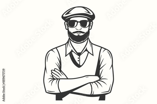 Bearded man with sunglasses and a cap stands proudly with crossed arms
