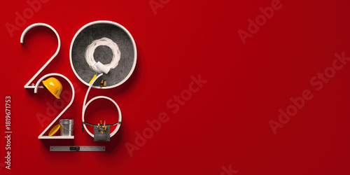 Fototapeta Naklejka Na Ścianę i Meble -  Creative 2026 New Year design template on engineering, construction and maintenance theme. 3d render illustration for a greeting card, calendar or banner.