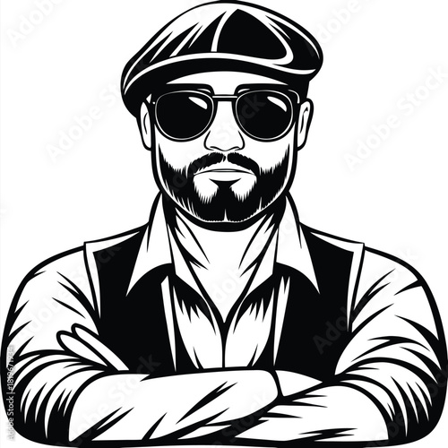 Confident bearded man with sunglasses and cap crosses his arms assertively over chest