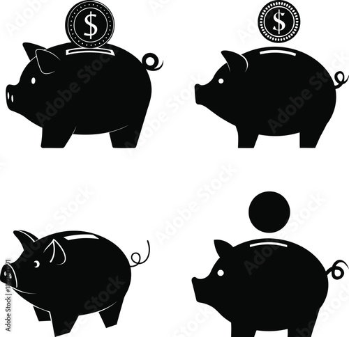 Piggy bank savings icons set – coin dropping money box, finance budget saving illustration – black vector