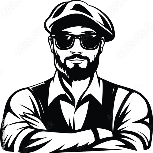 Confident bearded man wearing a cap and sunglasses crosses his arms in monochrome