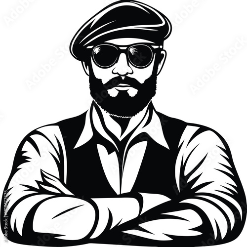 Confident man with beard and sunglasses stands with crossed arms in monochrome style