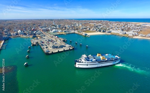 Aerial of the Nantucket Ferry Arrives from Woods Hole, Cape Cod with Tourists and Vacationers
