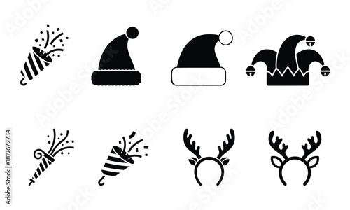Set of black silhouette icons. party popper Santa hat jester cap and reindeer antler headband