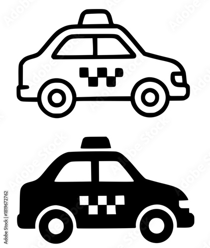 Icon, taxi illustration, black and white, outline and silhouette