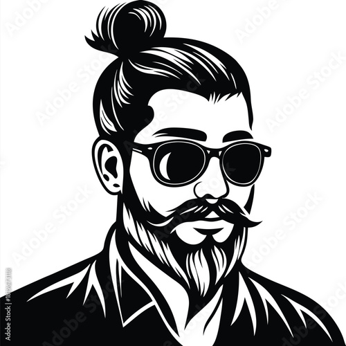 Confident bearded man sports sunglasses and a man bun hairstyle in bold vector