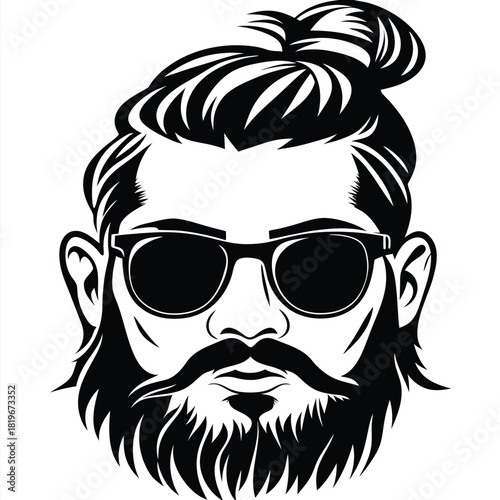 Black and white monochrome portrait showcases a bearded man with a top knot hairstyle