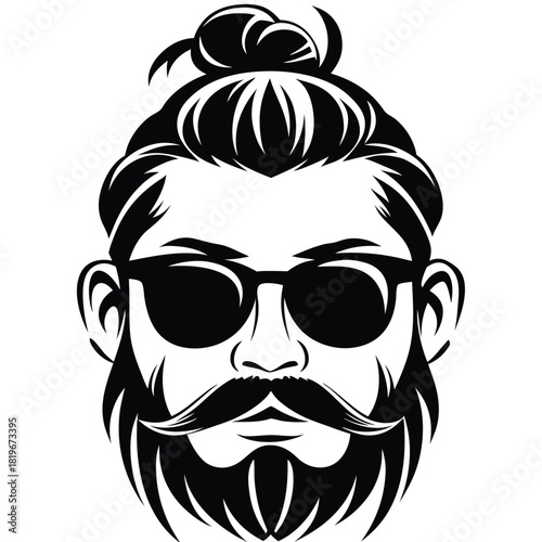 Black and white bearded man with stylish bun and sunglasses is looking forward