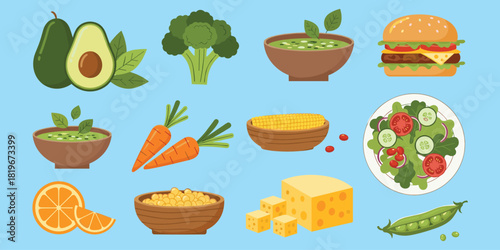 Healthy food illustration set, nutritious vegetable icons, cartoon style ingredients, balanced diet concept art, flat vector design, flat vector illustration