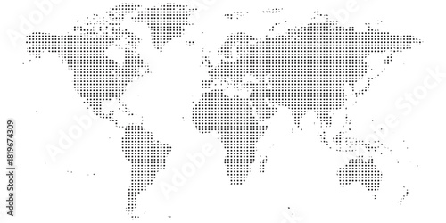 Dotted world map with continents formed by small black circles on white.
