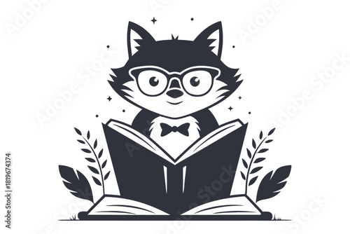 Fox with glasses and bow tie is reading an opened book near foliage