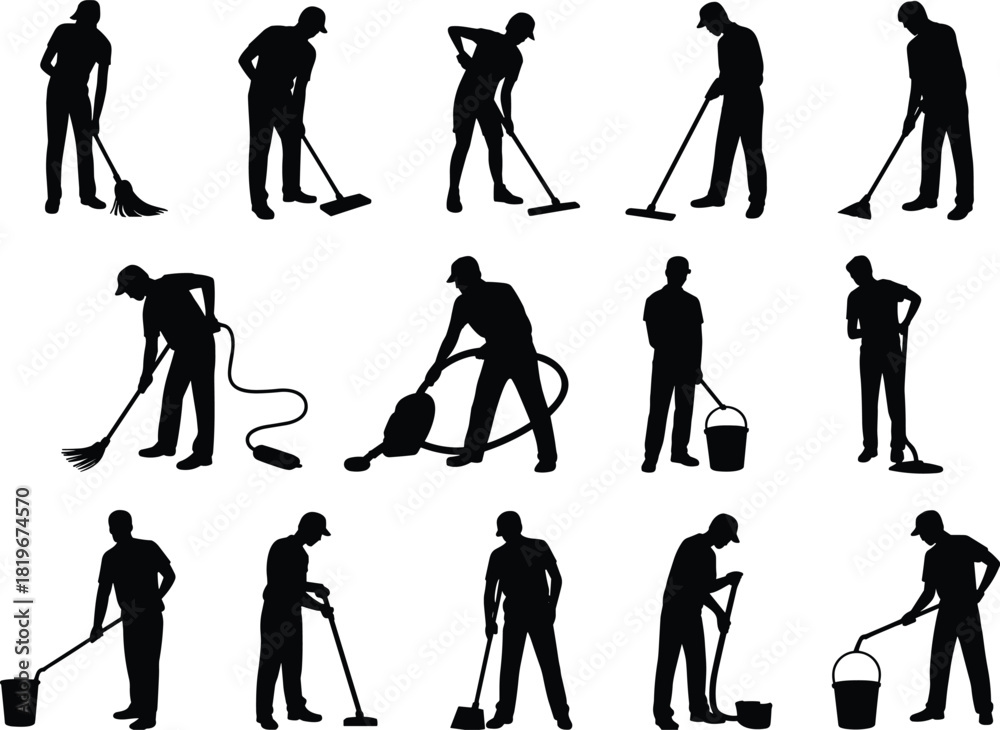 Obraz premium Cleaning worker silhouettes set, janitor sweeping mopping vacuuming vector icons, sanitation service, industrial cleaning staff poses, housekeeping silhouette flat collection