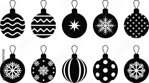 Christmas ornament silhouettes collection with snowflake star patterns festoon hanging decoration holiday winter celebration vector icon set isolated white background