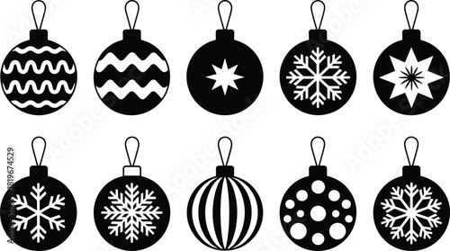 Christmas ornament silhouette set, holiday baubles with snowflake star patterns, black and white decoration vector, winter festive design collection