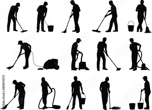 Cleaning worker silhouettes collection, janitor mopping sweeping vacuuming with bucket, sanitation service staff, housekeeping equipment vector icons isolated set illustration