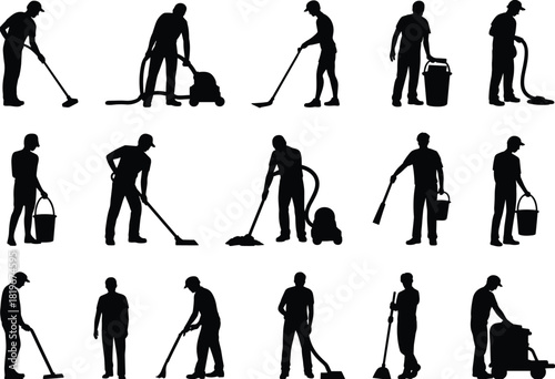Cleaning worker silhouettes, janitor and housekeeping staff icons, vacuum cleaner and floor mop service collection, professional sanitation people vector set