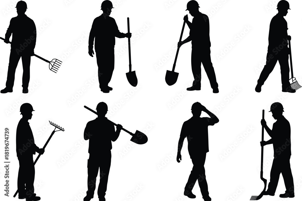 Obraz premium Construction worker silhouette collection, labor men with shovel and rake tools, builder working poses, black safety helmet vector illustration set