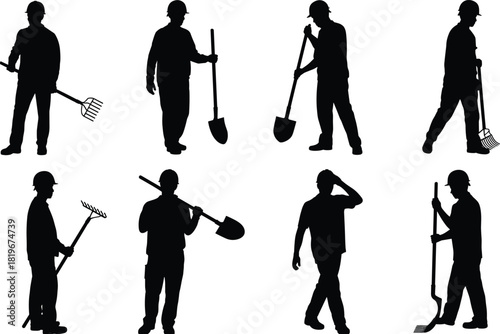 Construction worker silhouette collection, labor men with shovel and rake tools, builder working poses, black safety helmet vector illustration set